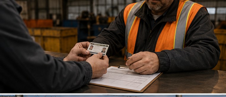 Scrap metal dealer in safety vest verifying seller government-issued ID at purchase counter