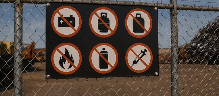 Prohibited items notice sign on chain-link fence at scrap metal yard entrance
