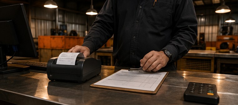 Professional scrap metal dealer purchase counter with thermal receipt printer and transaction forms