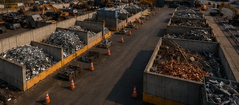 Organized commercial scrap metal yard with sorted metal categories in separate bays