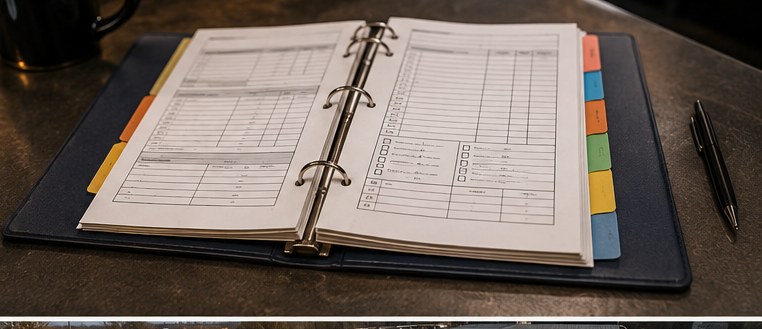 Organized scrap metal dealer transaction record binder with color-coded tabs for compliance